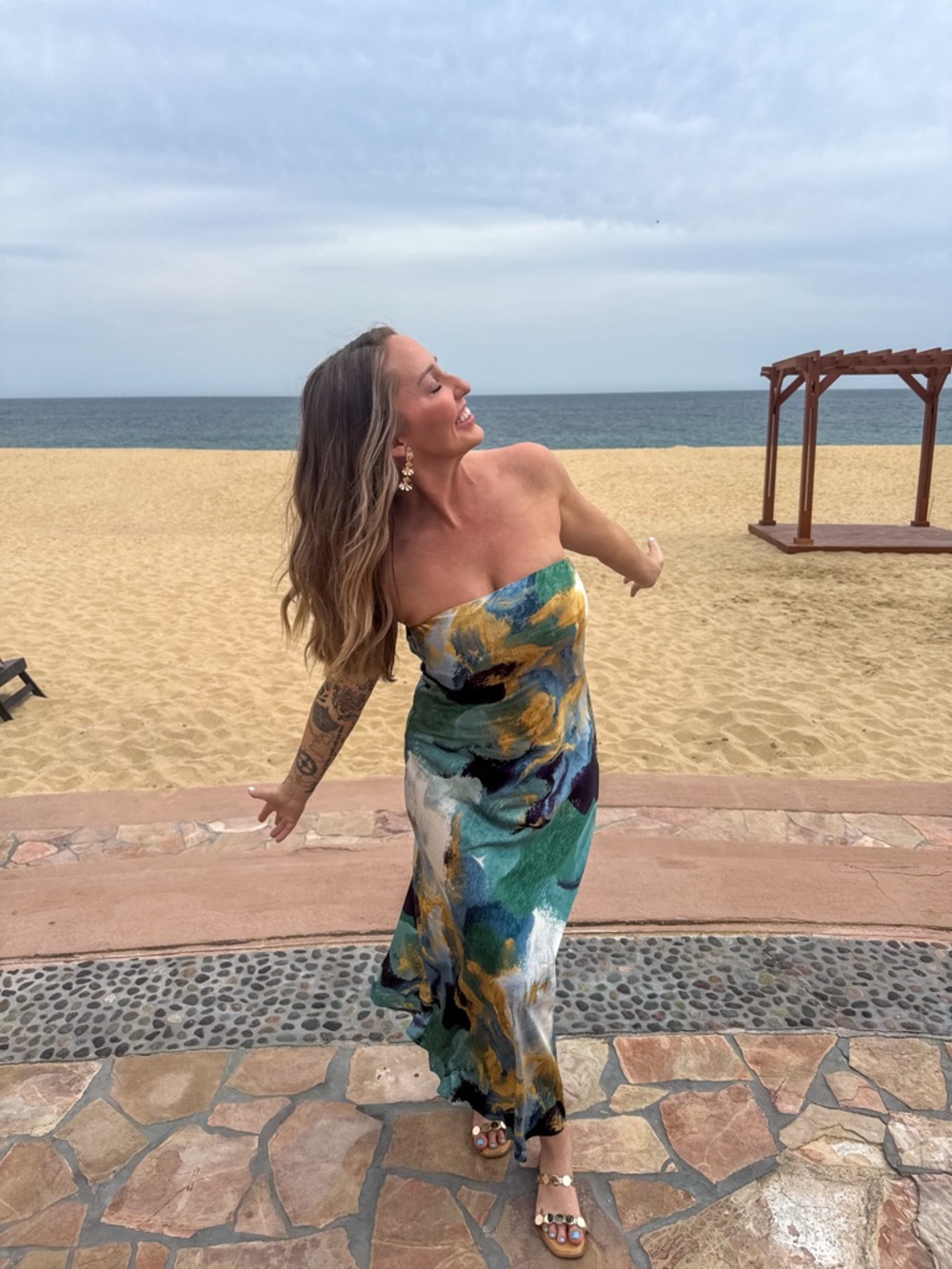 12th Tribe Strapless Abstract Print Maxi Dress in Green, Blue & Gold - Picture 4 of 4